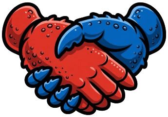 The PolitiClaw mark: a red lobster claw and a blue lobster claw clasped in a handshake.